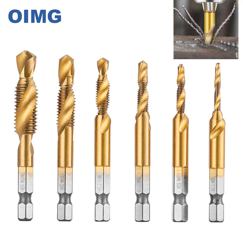 6PCS Tap Drill Bit Set Titanium Plated Hex Shank Screw Thread Metric Tap Drill Bits for Metal Steel