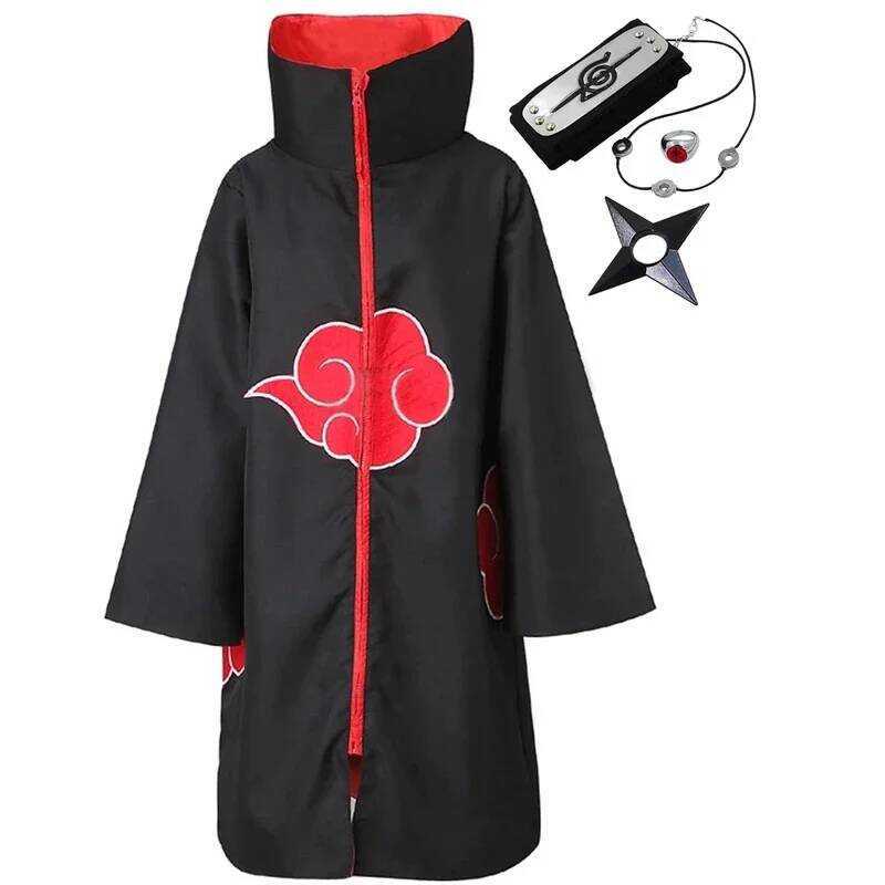 C Anime Akatsuki Cloak Cosplay Long Black Robe Capes Uchiha Itachi Ring Headband Gifts Sasuke Cloak