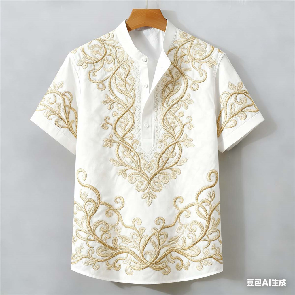 เสื้อโปโลผู้ชายบารอ เสื้อผ้าสไตล์ชาติพันธุ์วินเทจ ท็อปส์อาเซียนท็อปส์ชาติพันธุ์รูปแบบย้อนยุค กลางแจ้งถนนสวม 58