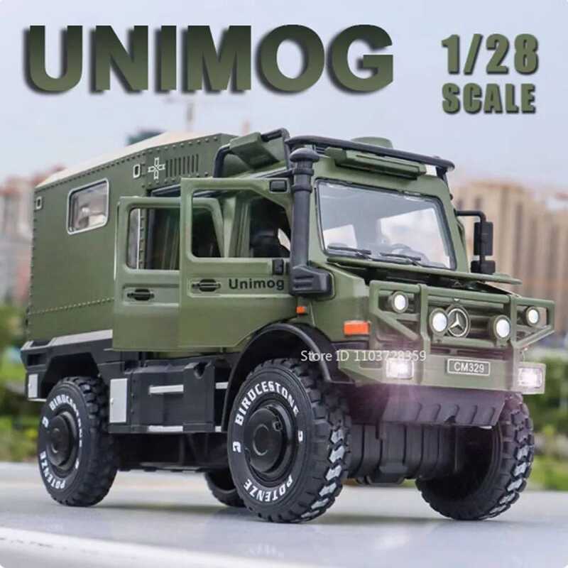 C 1:28 UNIMOG RV U5000 Model Toy Mini Cars Alloy Diecast Off-Road Vehicles Sound Light Doors Opened