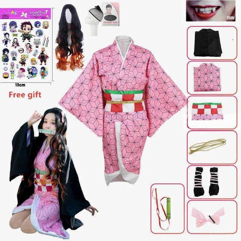 C Anime Nezuko Cosplay Costume Kimono Devil Hunter Kamado Nezuko Costume Wig Womens Girls Kimono Un