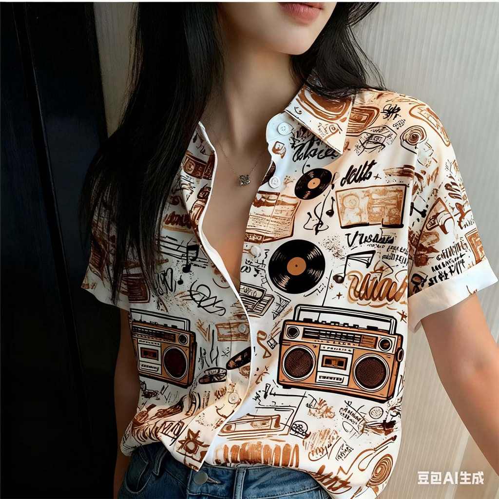 โปสเตอร์กราฟฟิตีพิมพ์ลายเต็มเสื้อฮาวายแขนสั้นลําลอง โอเวอร์ไซส์ สําหรับผู้หญิง 61
