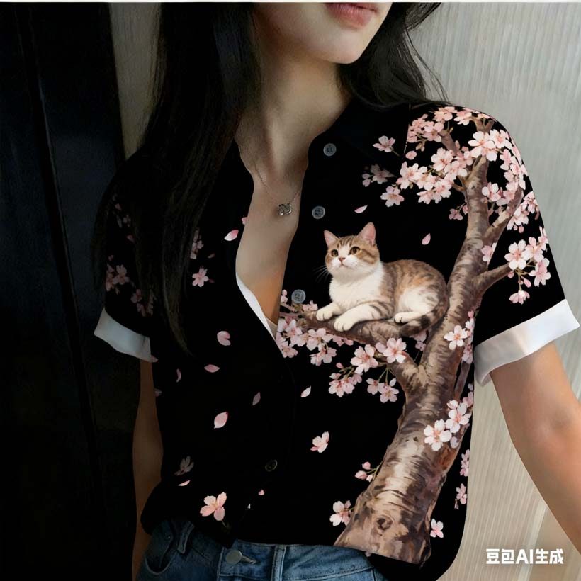 เสื้อเชิ้ตแขนสั้นสำหรับผู้หญิง ออกแบบลายแมวน่ารักเต็มตัว สไตล์ฮาวาย ขนาดโอเวอร์ไซส์
