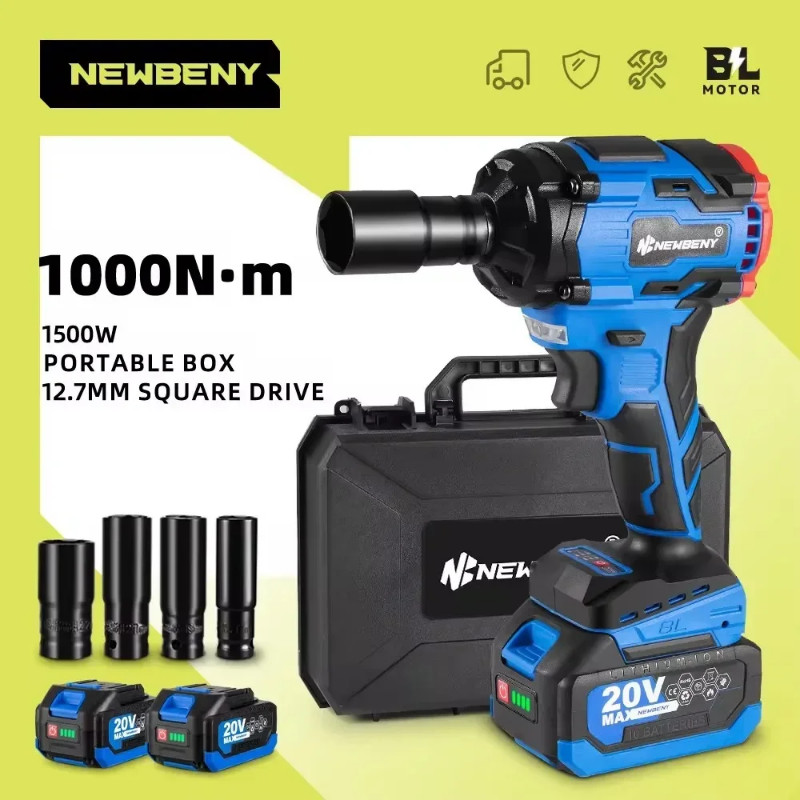 NEWBENY 1000N.m 1/2" Brushless Electric Impact Wrench 3 Gears LED Light Cordless Car Repair Power T