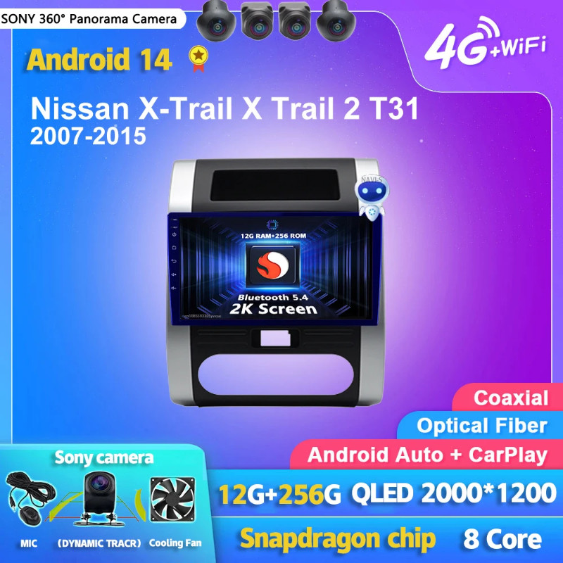 Android 14 Carplay Auto 2K Screen Car Radio Multimedia For Nissan x trail xtrail t31 2007-2013 2DIN