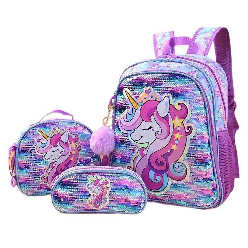 C 3Pcs Kid's Sequins Unicorn Backpac Girls School Backpack With Lunch Pencil Cute Travel School Boo