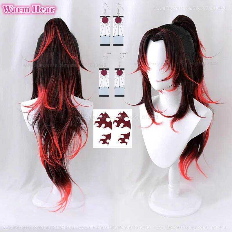 C 80Cm Long Tsugikuni Yoriichi Synthetic Anime Black Red Wig Cosplay Anime Wig Heat Resistant Hair