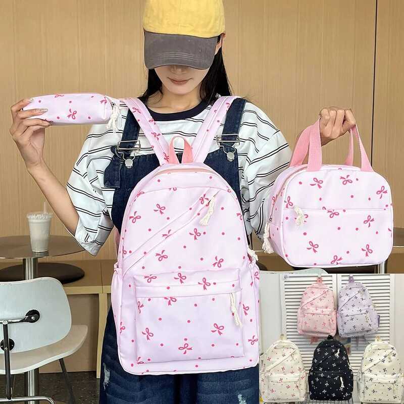 C 3Pcs Bow Tie College School Backpack With Lunch Box Pencil Case Cute Girl Backpac School Backpack