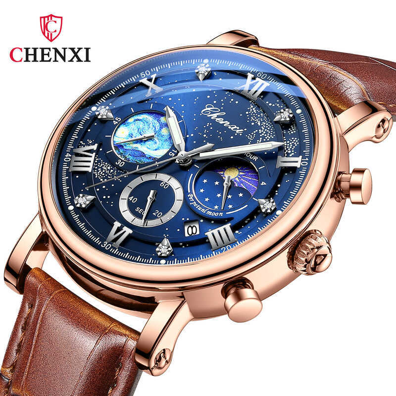 CHENXI CHENXI มัลติฟังก์ชั่น High-End แฟชั่นนาฬิกาผู้ชาย Luminous Moon Phase Chronograph Star ปฏิทิน