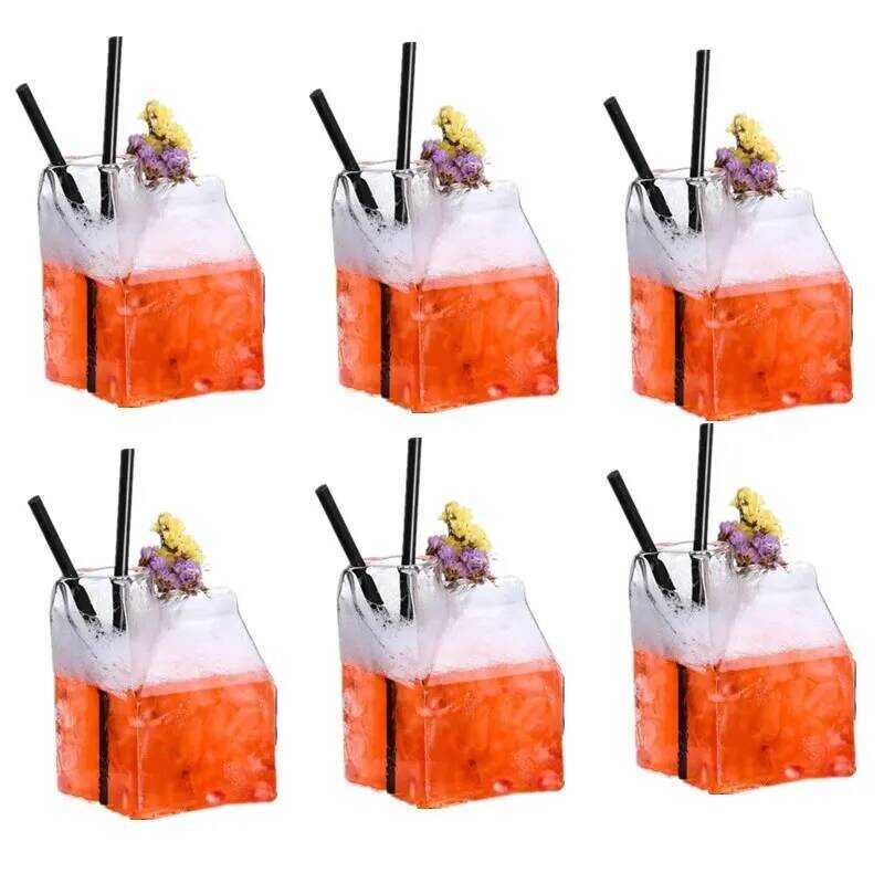 C 6Pc Half Pint Milk Carton Style Creative Mini Creamer Jug Glass Mug Cow Udder Cups Juice Coffee W