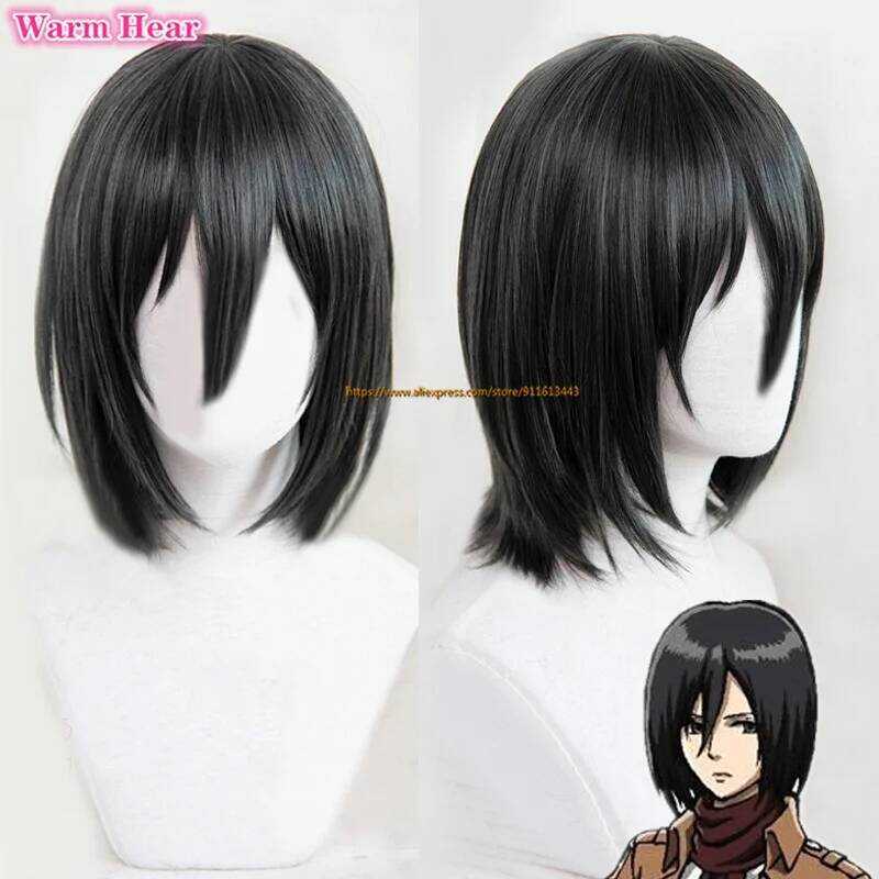 C Anime Mikasa Ackerman Synthetic Hair Black 35Cm Short Bob Cosplay Anime Wig Heat Resistant Hair H