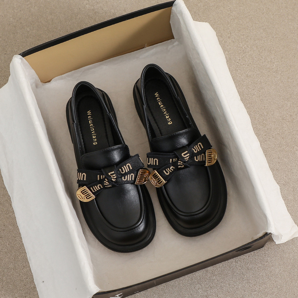 TG Weiwei Girl 105-12 รองเท้าลอยฟ์หนัง Bow Retro สบายสำหรับผู้หญิง