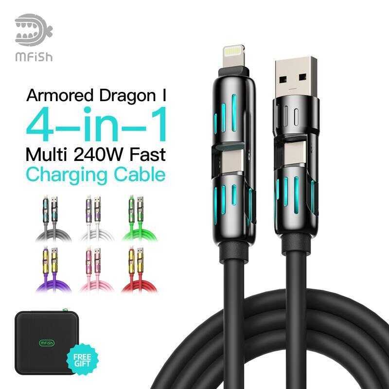 Mfish Armored Dragon I Universal 4-in-1 Multi สายชาร์จพร้อม USB A,Type C,Lighing-MAX 240W Fast Charg