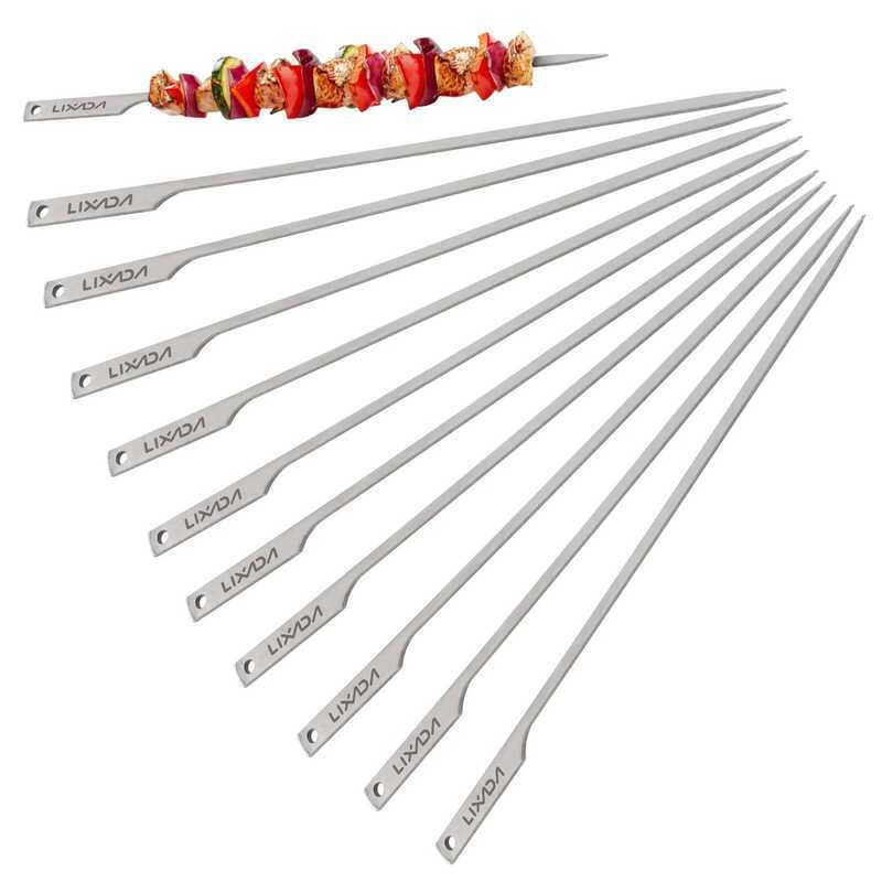 C 10Pcs / 5Pcs 10 Inch Flat Ti Barbecue Skewers Outdoor Backyard Picnic BBQ Grilg Kabob Skewers BBQ