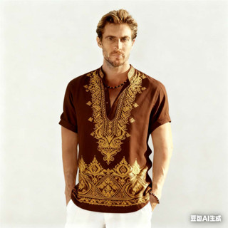เสื้อผู้ชาย ลายชาติพันธุ์ วินเทจ อัตลักษณ์อาเซียน สำหรับนอกบ…