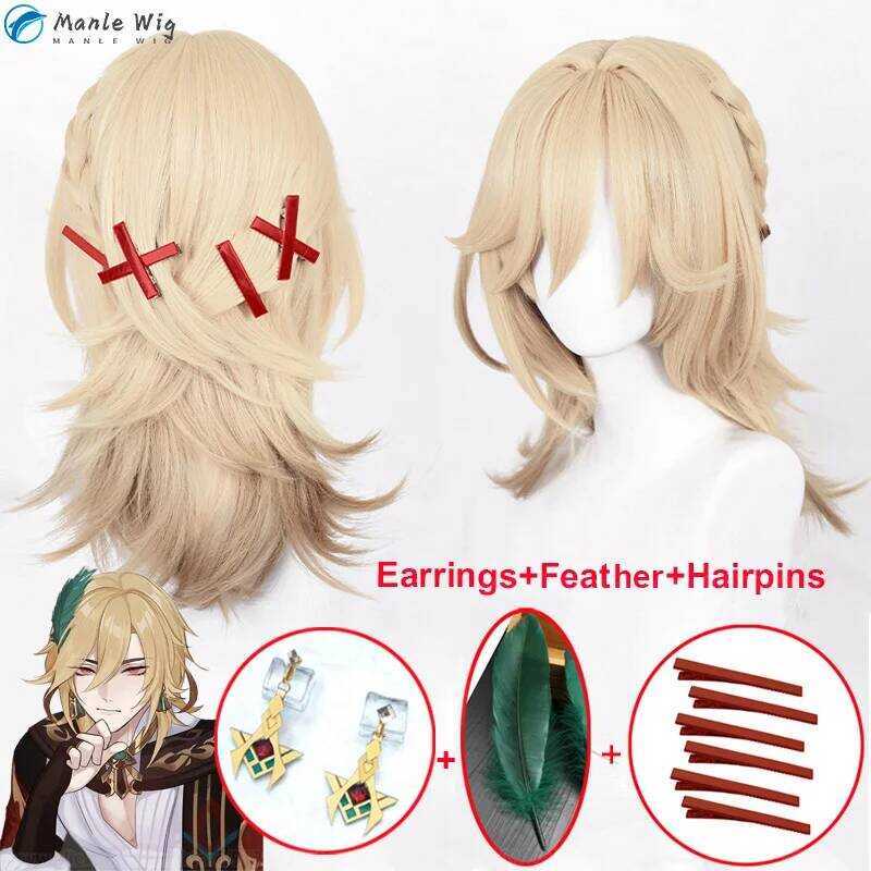 C 50Cm Long Kaveh Genshin Cosplay Wig Game Kaveh En Gold With Braid Wigs Hairpins Heat Resistant Ha