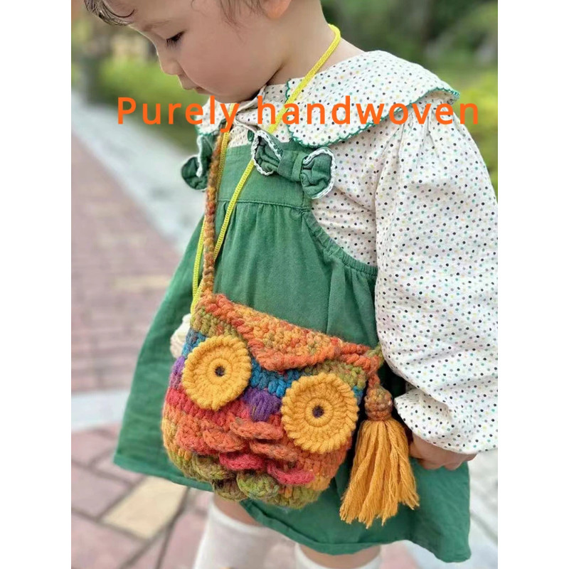 Purely hand-woven bags, woolen owl children's cross-body bags, crocheted finished egg bags for gift