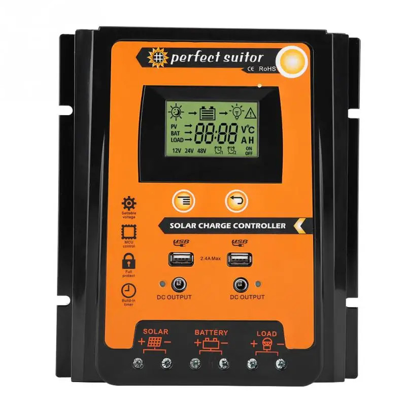 MPPT Solar Charge Controller Solar Panel Battery Regulator Dual USB LCD Display 12V 24V 30A 50A 70A
