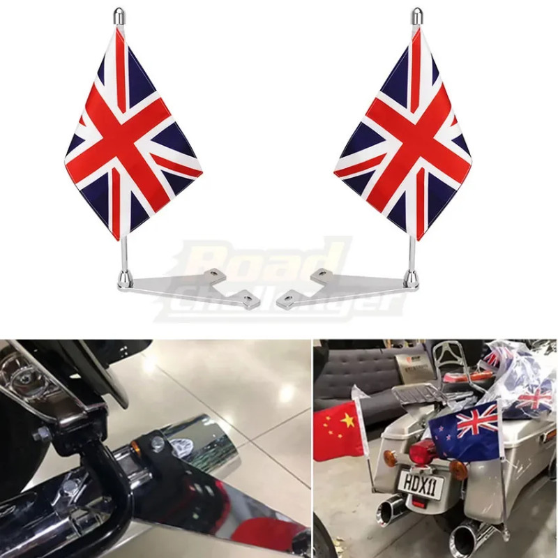 Motorcycle Flag Pole Side Luggage Rack Mount Flag Pole With UK For Harley Touring Road King Street