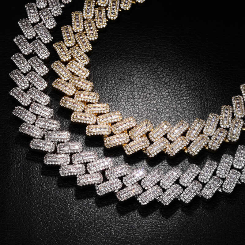 ยุโรปอเมริกันผู้ชาย Hip-Hop Bar รูปร่างสร้อยคอคิวบาทองแดงที่ไม่ซ้ํากันฝังเพทาย 20mmT เพชรสแควร์โซ่คิ