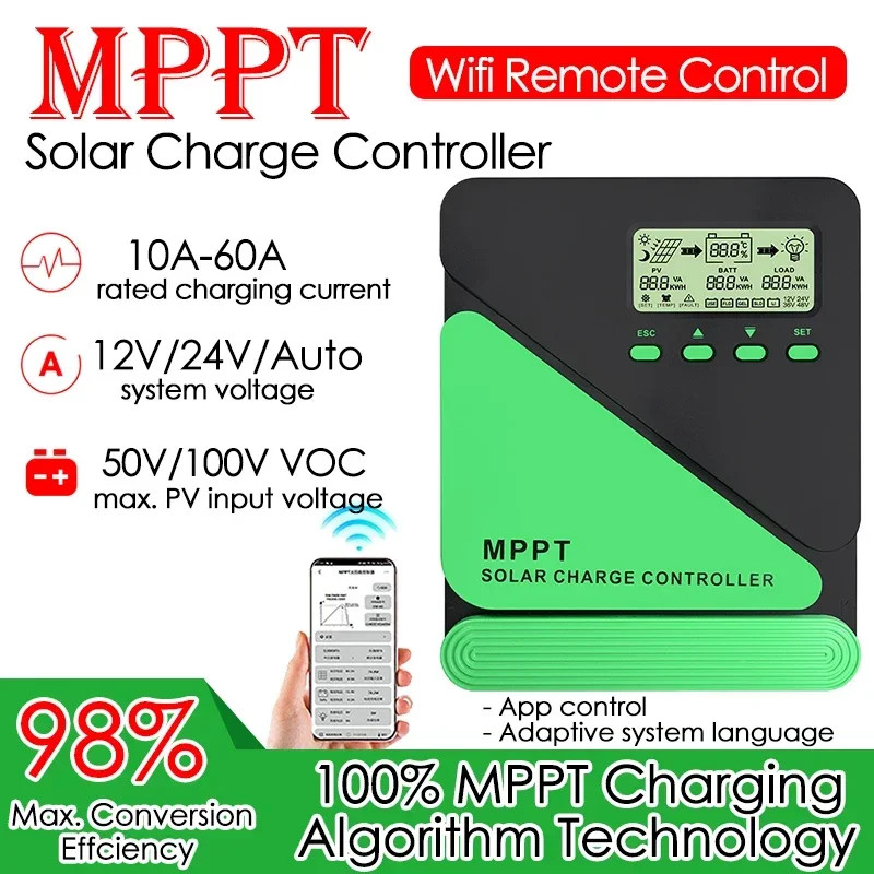 WIFI MPPT Solar Charge Controller 10-60A 12V/24V Auto LCD USB Solar Panel Battery Regulator for Lif