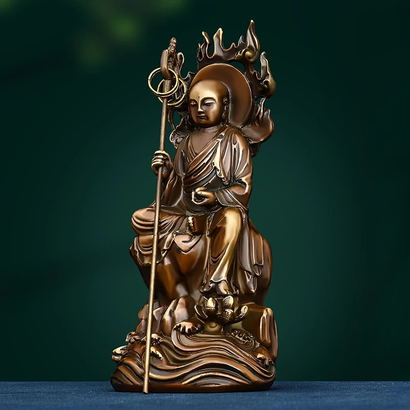 Pure Copper Jizo King Ornament Antique Bodhisattva Sitting Statue Buddha Home Desktop Crafts