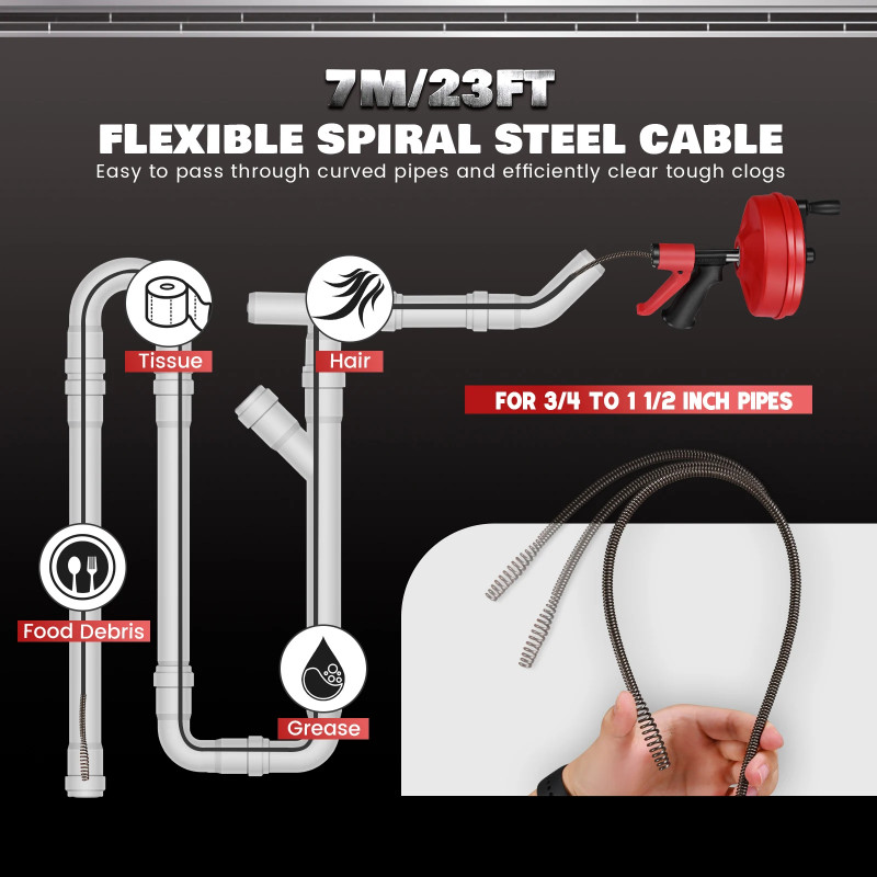 7M/23FT Flexible Steel Cable Drain Unblocker Tool Suitable Pipes Diameter 3/4 to 1/2 inches Used wi