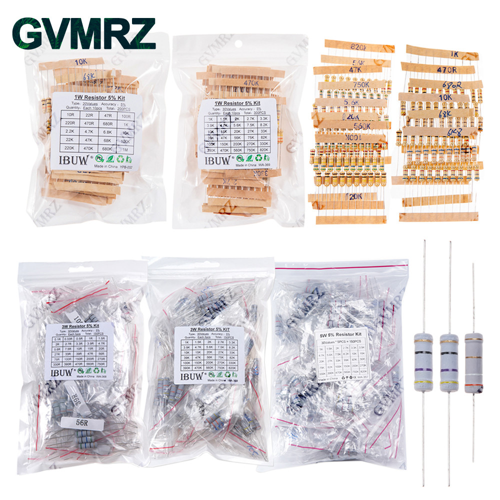 1/2W 1W 2W 3W ความต้านทาน 5% ตัวต้านทานฟิล์มโลหะ Assortment Kit ชุด 30Kidds แต่ละ 5/10PCS 1R ~ 750R 1K ~ 820K โอห์ม