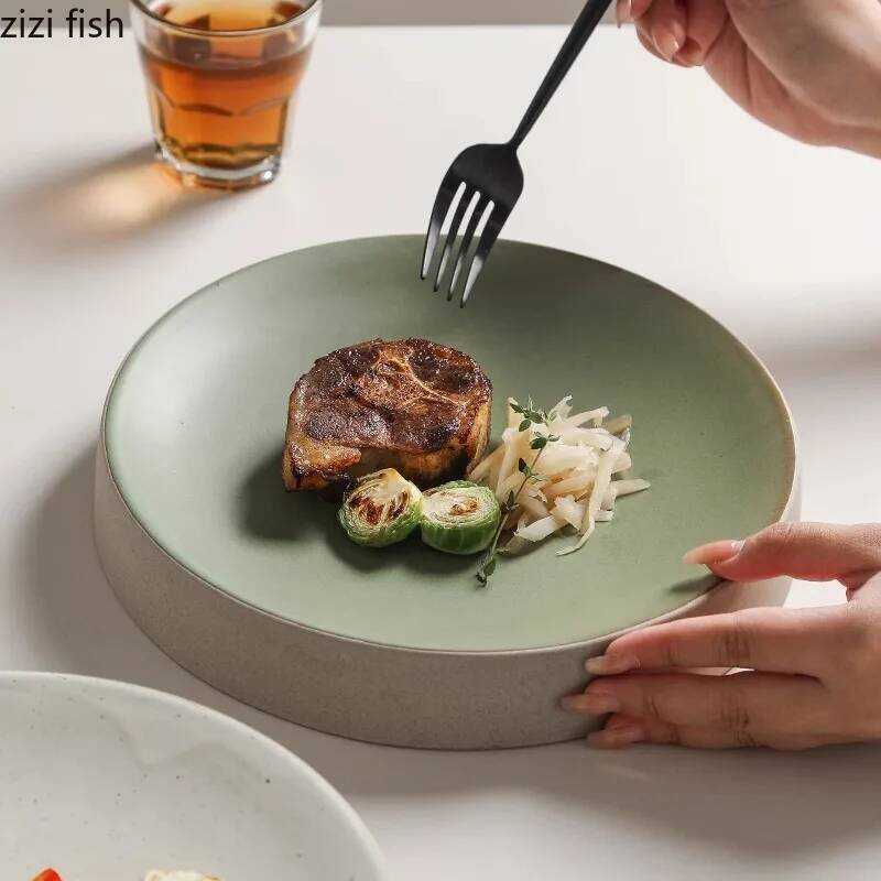 C Retro Cydrical Ceramic Plate Pasta Dish Dessert Snack Plate Steak Plate Sushi Plates Restaurant M