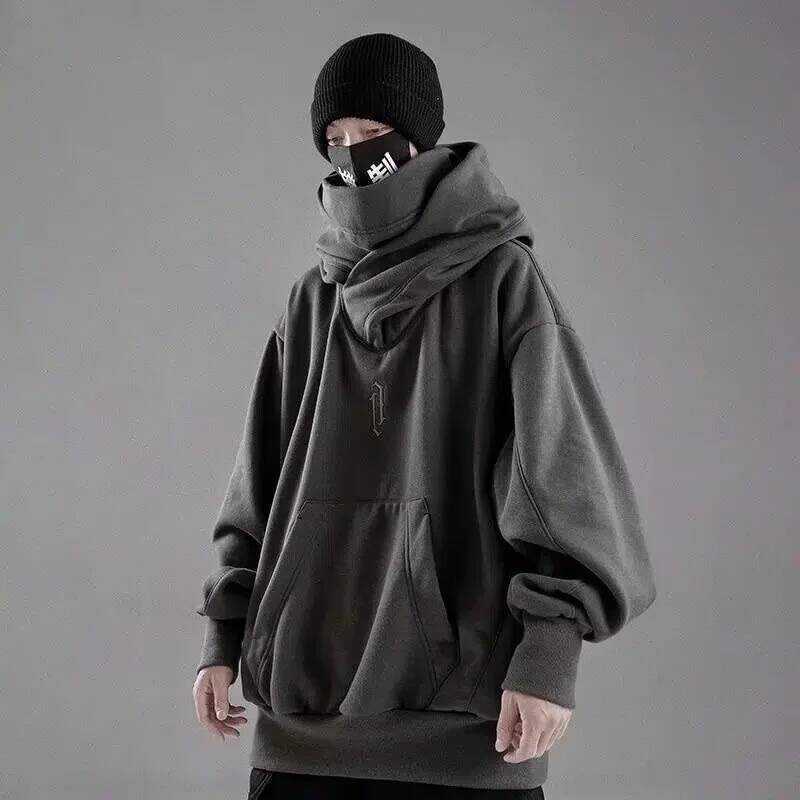 C Embroidery Turtleneck Sweat For Men Japanese Ninja Hoodies Autumn Hip Hop Fleece Pocket Streetwea