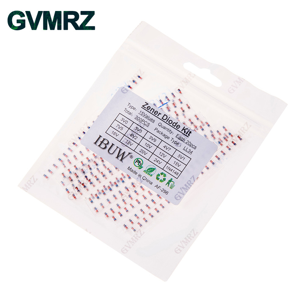 300PCS 16Values Zener Diode Kit 3V0-24V 1N4148 LL34 สําหรับโครงการระเบียบแรงดันไฟฟ้า