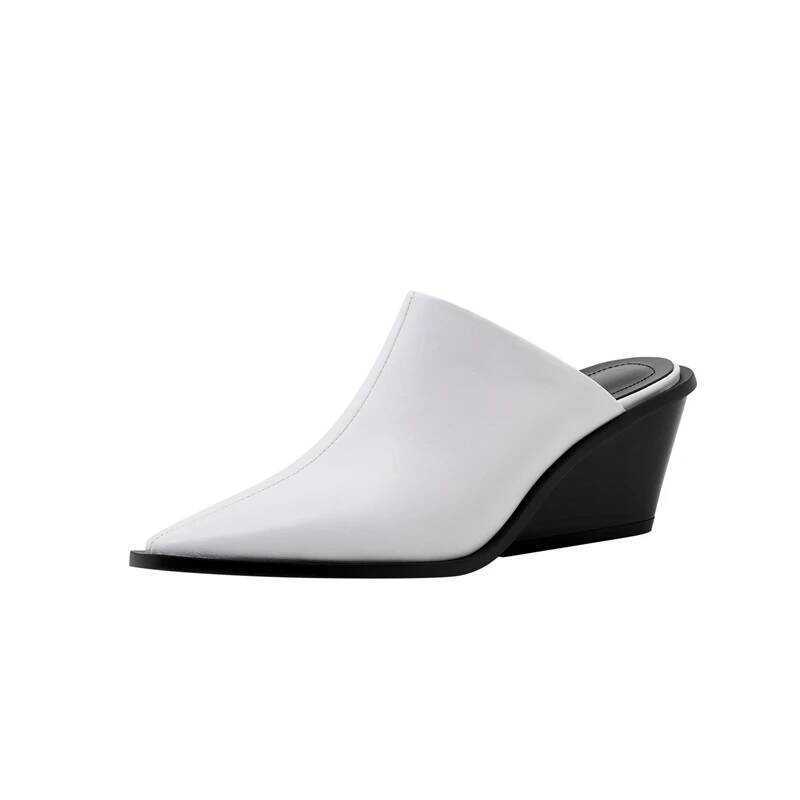 C Kaky's New Cow Pasted Leather Pointed Wedge Heels High Heels Women's Shoes Large Slippers Wrapped