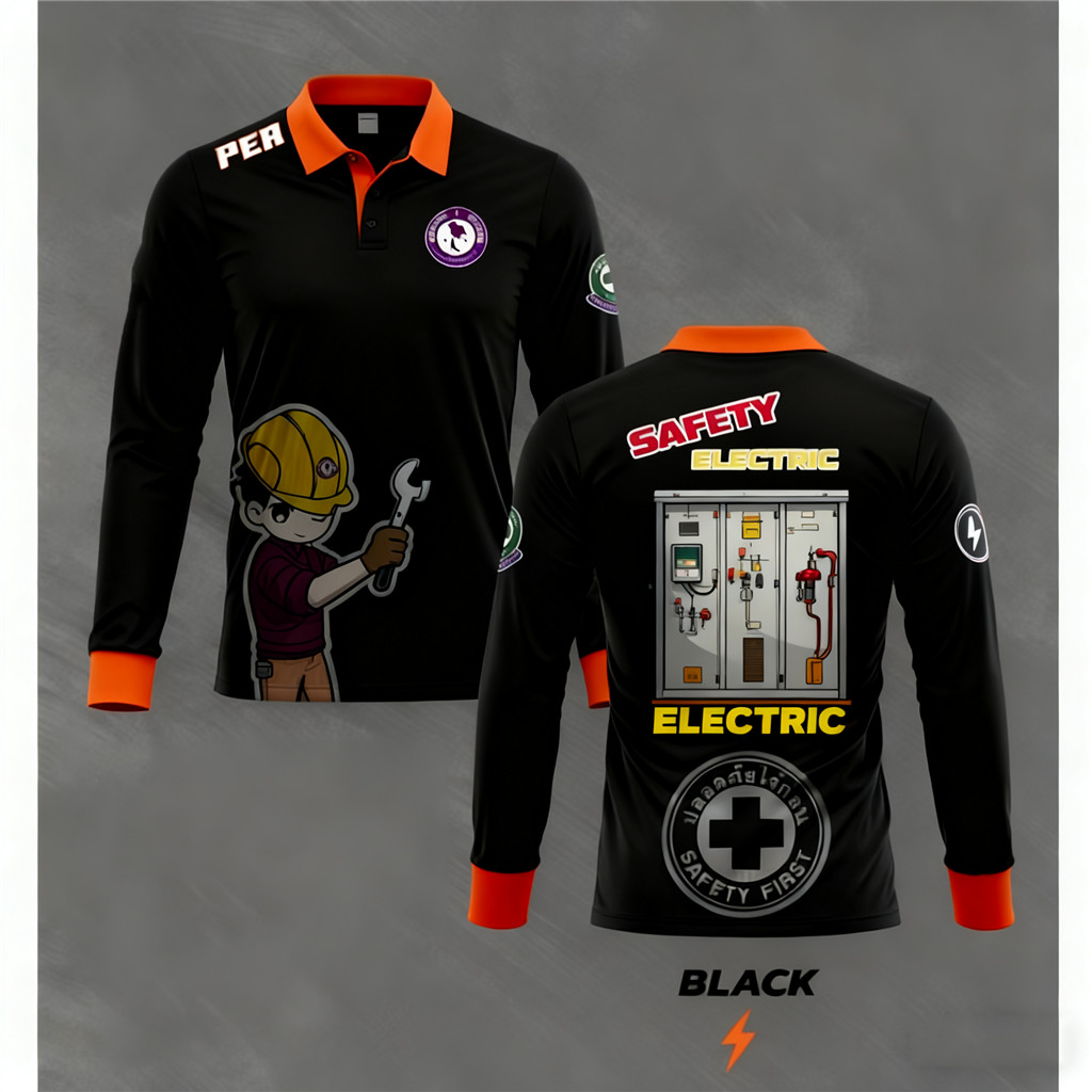 เสื้อโปโล่แขนยาว SAFETY ELECTRIC สีดำ-ส้ม ลายช่างการ์ตูนนั่งทำงาน หลังพิมพ์ SAFETY FIRST สำหรับช่างไฟฟ้า