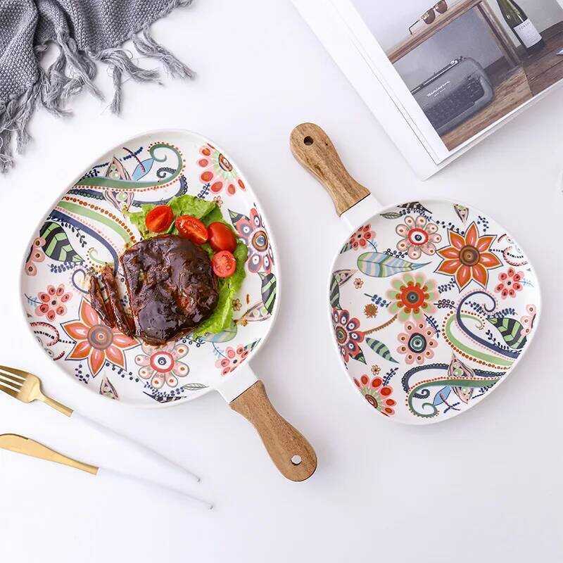 C Oval Dinner Pla High Mperature Mat Glaze Acacia Wood Handle Ceramic Pla Sak Pla Wesrn Pla Pasta