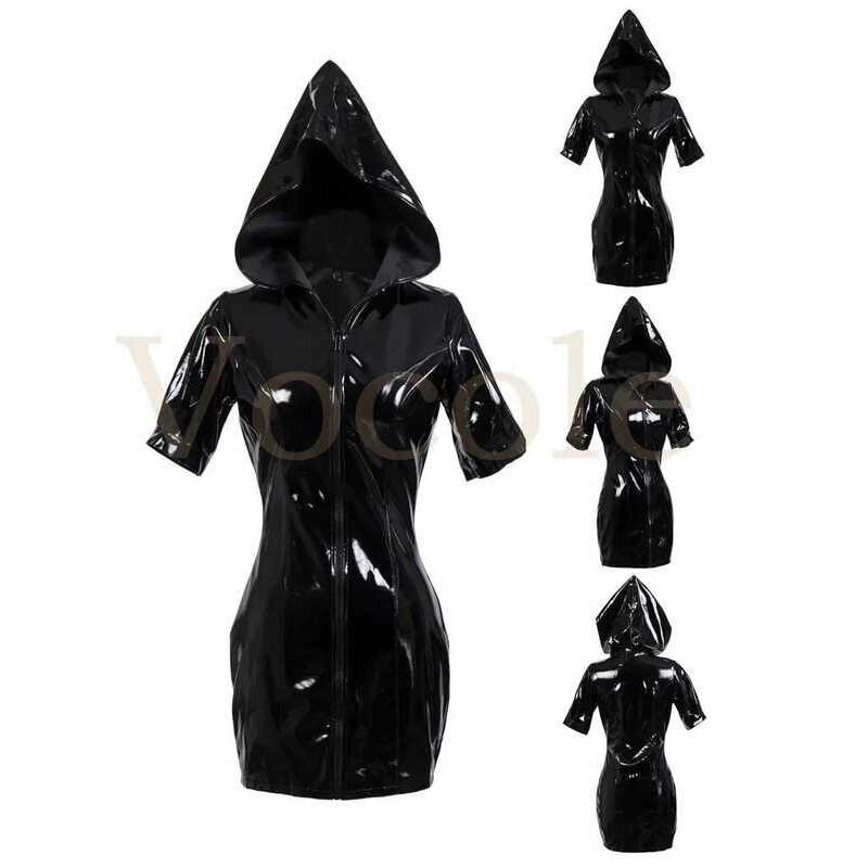 C Women Sexy Exotic PVC Leather Dress Wet Look Latex Hooded Mini Dresses