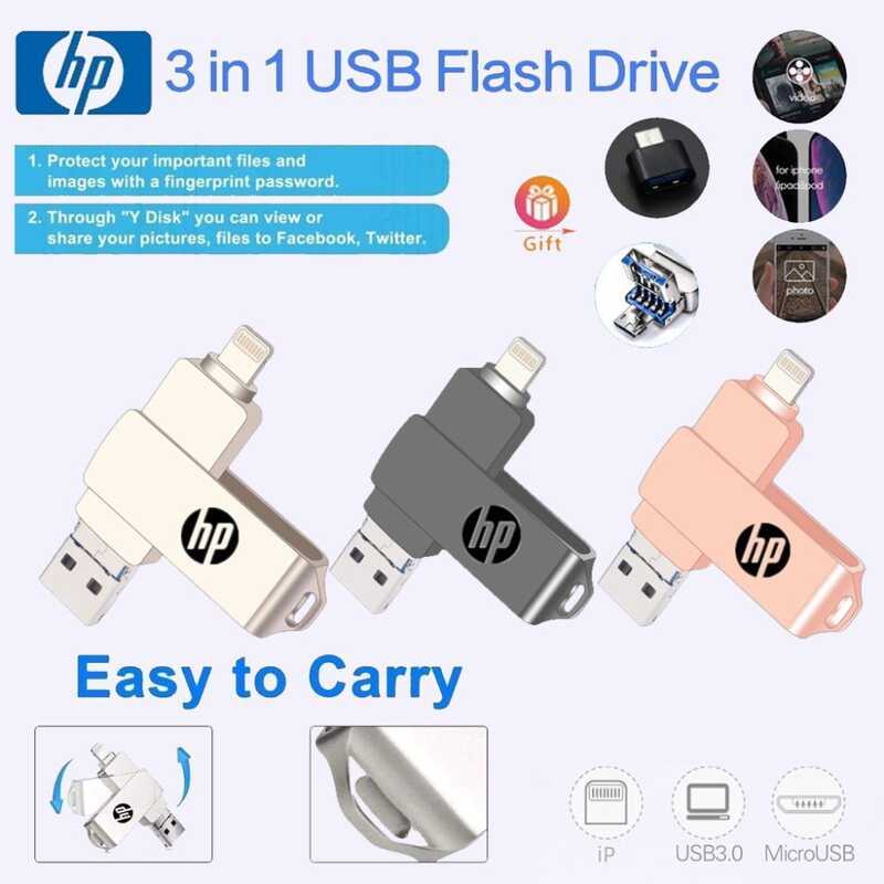 HP แฟลชไดรฟ์ 3.0 Thumbdrive Flashdrive 4 USB 1TB 3 in 1 OTG Pendrive โลหะกันน้ําสําหรับ iPhone iOS แ