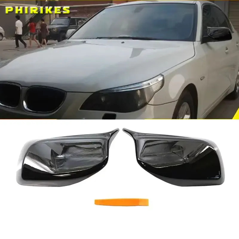 2PCS For BMW E60 E61 E63 E64 2004-2007 Gloss Black Wing Rearview Mirror Cover Caps