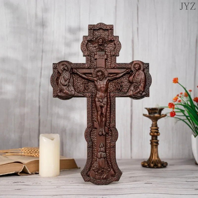 Vintage Jesus Wall Wooden Cross, Orthodox Icon, Home Decoration, Religious Statue Saint