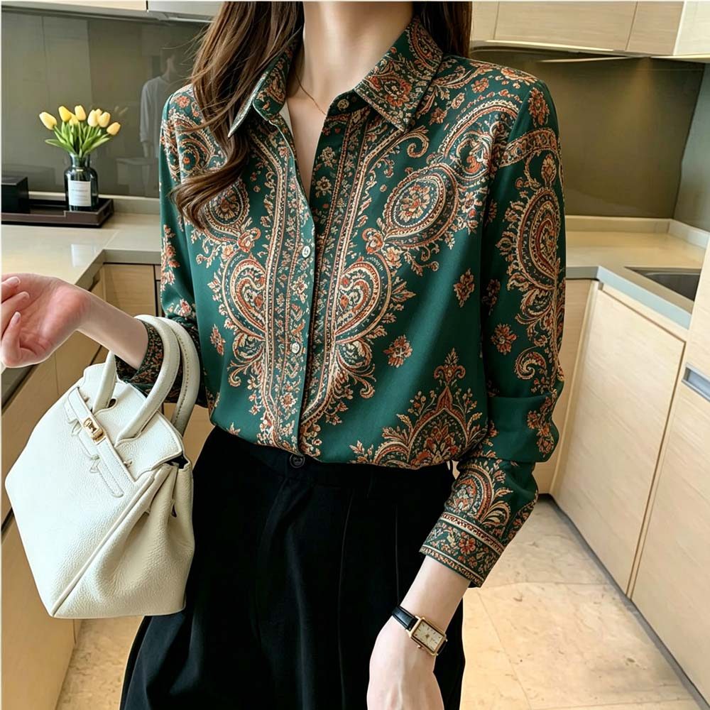 เสื้อกระดุมแขนยาวผู้หญิง,เสื้อพิมพ์ลายเรขาคณิต Boho ย้อนยุค,ทรงหลวมระบายอากาศได้เสื้อลําลอง