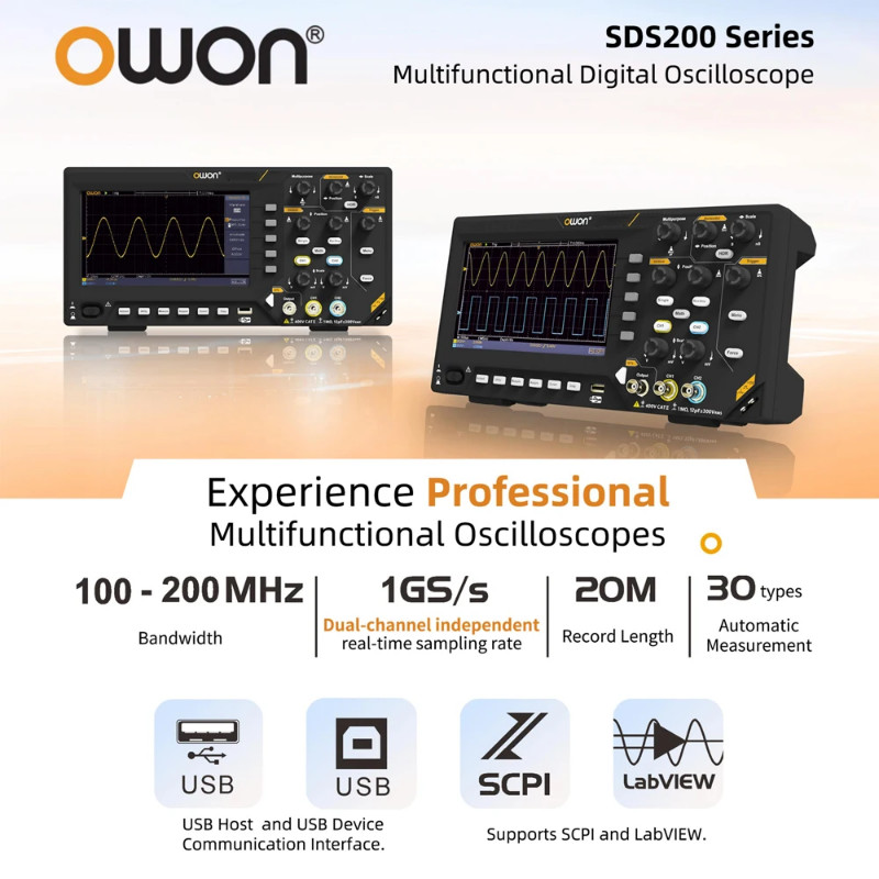 OWON SDS220S Digital Storage Oscilloscope,2 Channel Independent 1GS/s Sample Rate,200MHz Bandwidth,
