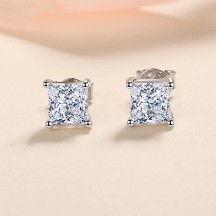 จริง Moissanite 0.6ct 1ct 2ct แต่ละสี่ sta Princess ตัดสีขาว D Elegant Stud ต่างหู S925 Silver Gold