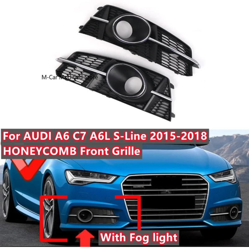 2x Front Bumper Fog Light Grille Fog Lamps Mask Cover For AUDI A6 C7 A6L S-Line With Fog Light 2015