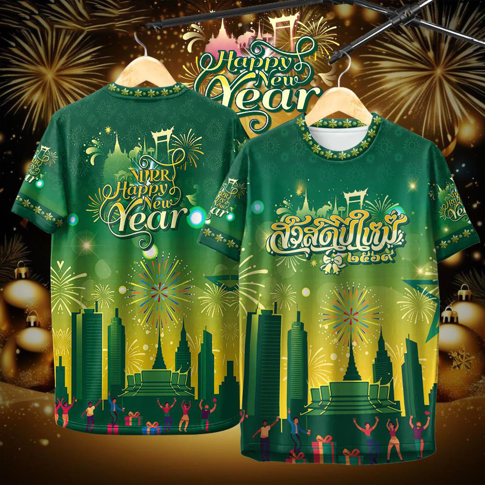 【OUMAI】สวัสดีปีใหม่ 2569 เสื้อยืดปีใหม่ ชายเสื้อปีใหม่ สีดำ เสื้อยืดปีใหม่ เสื้อครอบครัว O-คอ 2026 ส