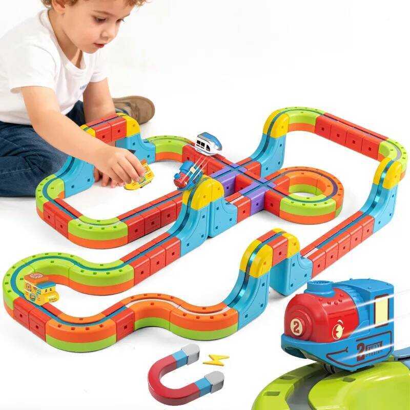 C Magic Electronic Train Rail Cube Toys For Kids DIY Assembly Railway Track Car Building Block Set