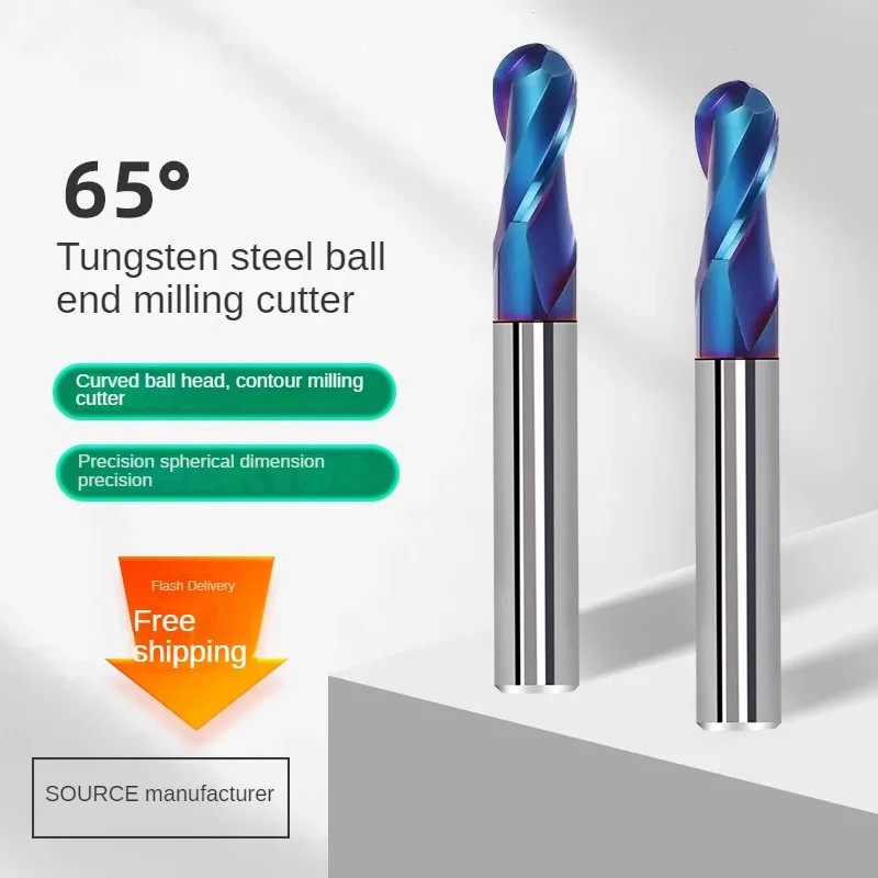 65 degree tungsten steel ball end milling cutter with hard alloy 2-blade R3 R4 R5 R6 blue nano coat