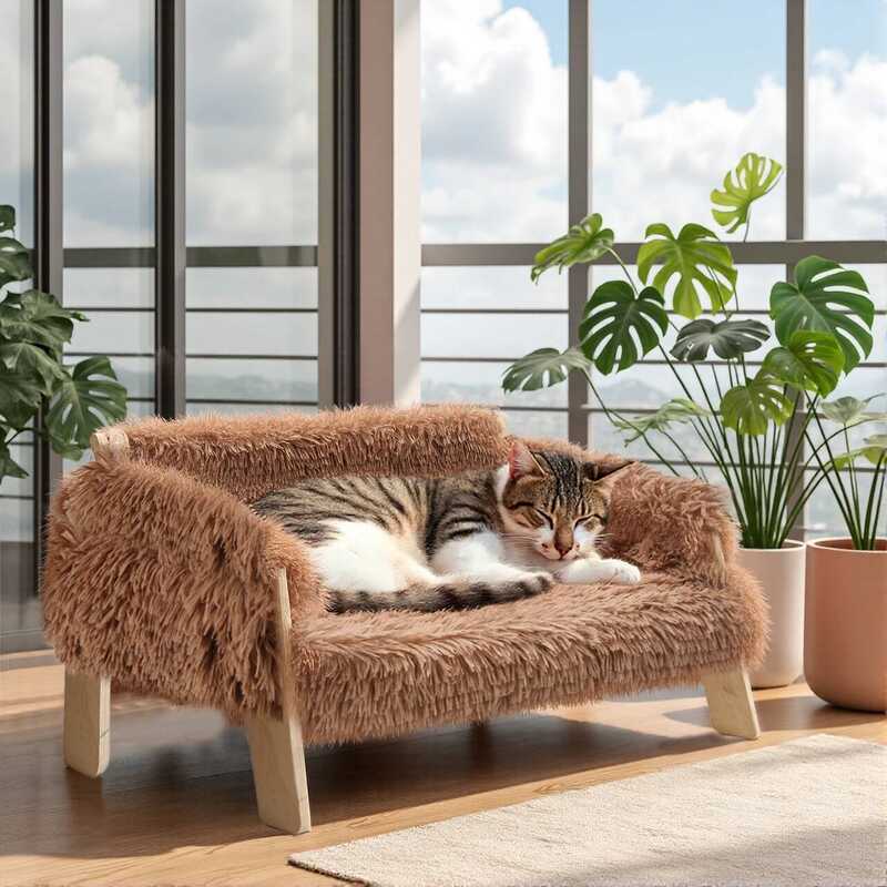 C Large Cat Bed Sturdy Wooden Leg Raised Plush Cat Sofa Bed Kitten Bed For Indoor Cats - Soft Cat C
