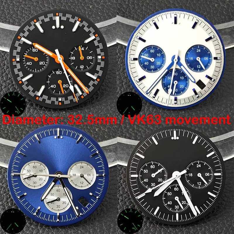 C 32.5Mm Vk63 Chronograph Dial Green Luminous Have Pointer Suitable For Vk63 Movement Watch Parts R