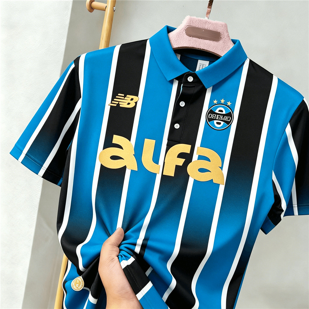 Grêmio Inspired เสื้อโปโลฟุตบอล, แถบสีดําสีน้ําเงิน, พิมพ์ Alfa, โลโก้ NB, ชุดกีฬาระบายอากาศ
