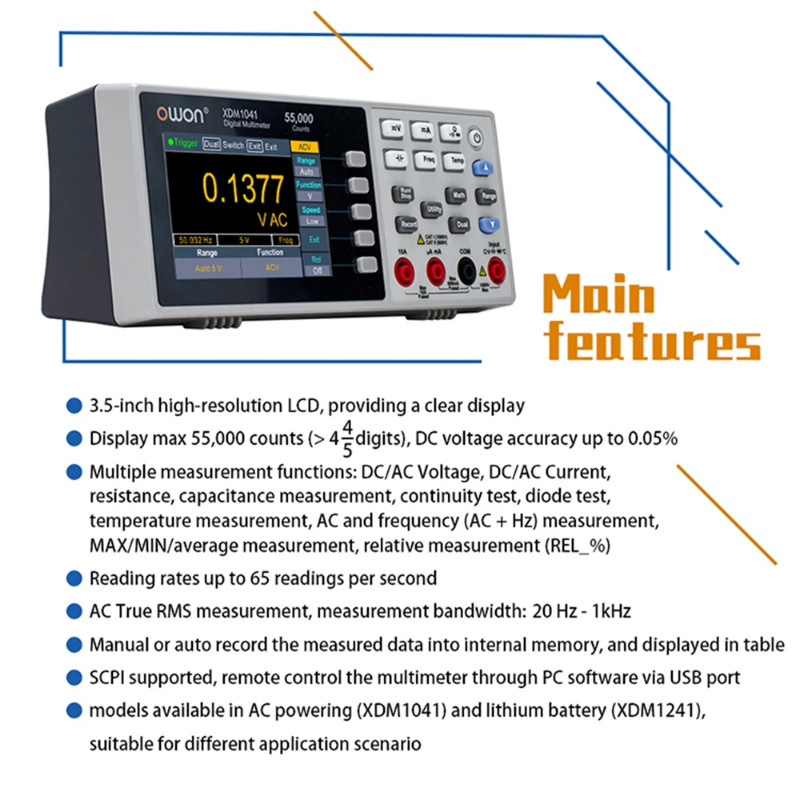 OWON 4 1/2 XDM1041 Benchtop Digital Multimeter 55000 Counts True RMS 3.5inch LCD USB DC/AC Current