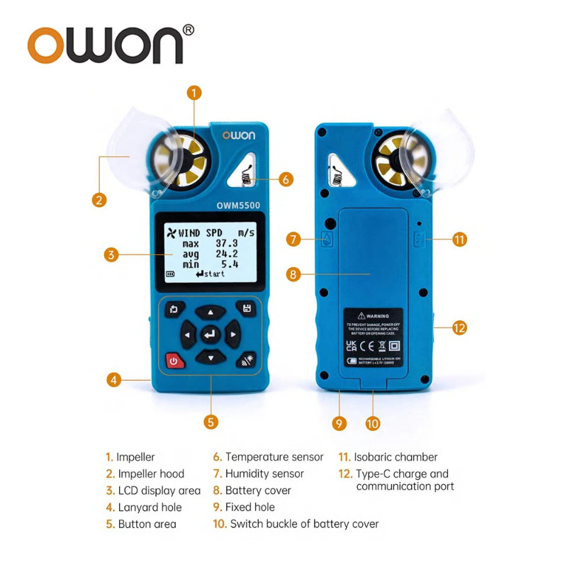 OWON OWM5500 Digital Smart Anemometer Handheld Wind Speed Meter Speed Measurement Temperature Teste